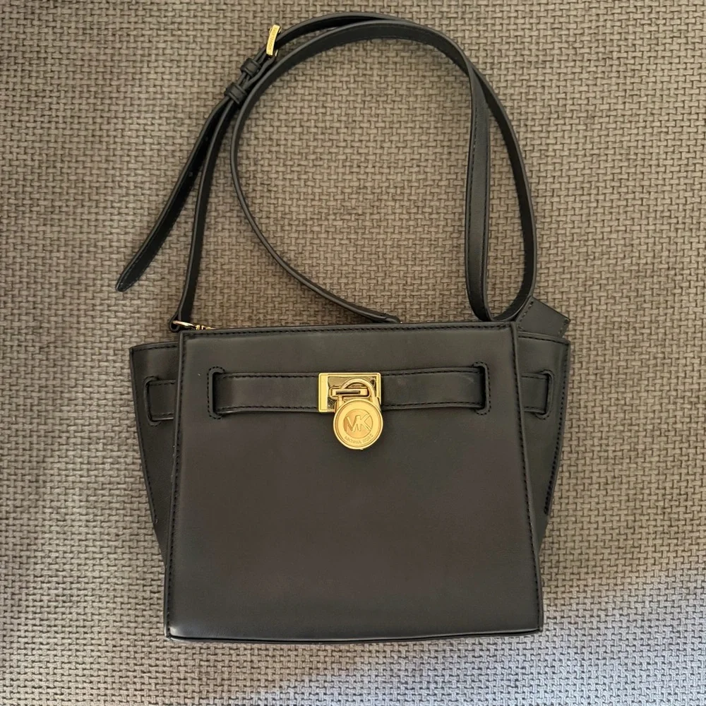 Black Leather Crossbody Michael Kors Hamilton Traveler Bag Gold Padlock Classic